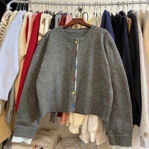 Soft Knit Cardigan Gray Colorful Buttons